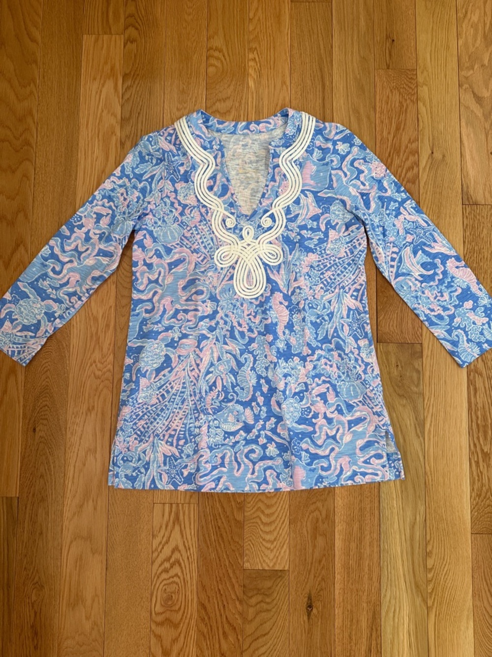 EUC Lilly Pulitzer Kaia Blue, Pink & Cream Signature Logo Knit Tunic - Picture 3 of 8